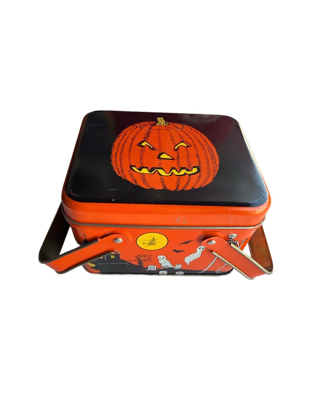 Vintage Halloween Pumpkin Trick-or-Treat Tin Box - Orange